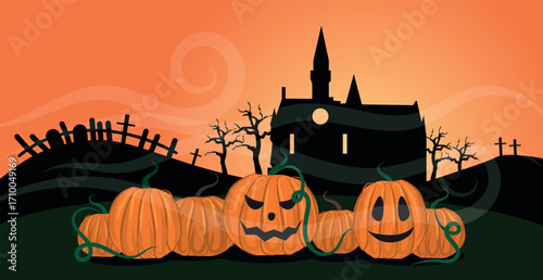 Scary gloomy night abandoned cemetery on the background of the castle - illustration