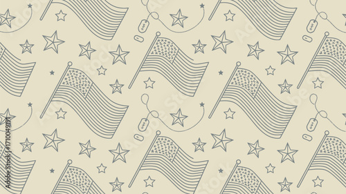 Patriotic pattern with american flags stars and dog tags in a seamless repeating design on beige background