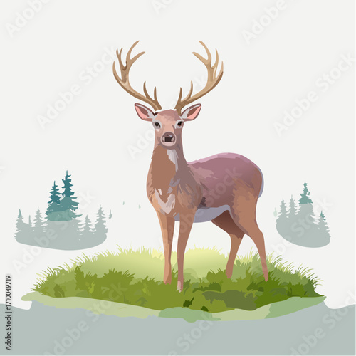 3D Reh, stehend auf Waldwiese, Morgendunst, weiches Licht, fotorealistisch, ruhige Stimmung