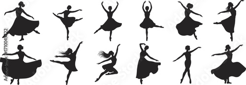 Ballet dancer silhouette illustrations, classical dance poses, black and white clipart, graceful movement, performance icons, vector bundle set