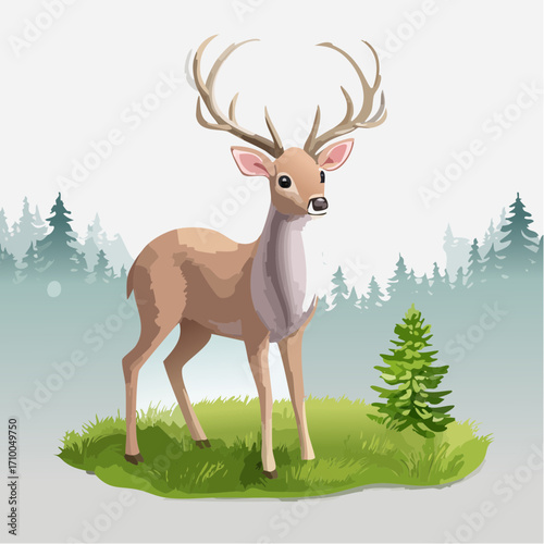 3D Reh, stehend auf Waldwiese, Morgendunst, weiches Licht, fotorealistisch, ruhige Stimmung