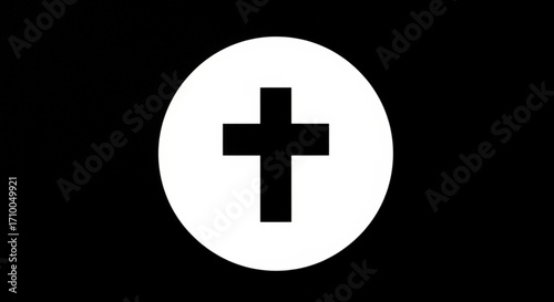A simple black and white christian cross symbol inside a circle, isolated on a