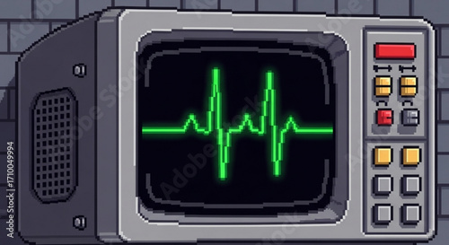 A pixelated monitor displays a green heart rate signal, set against a brick wall, evoking a sense of retro technology and medical monitoring