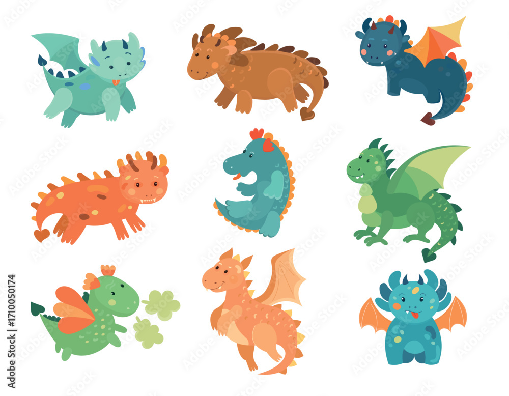 Obraz premium Colorful fairytale dragons. Characters for kids activity books. 