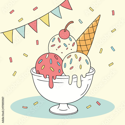 Ice Cream Sundae Party with Sprinkles and Cherry Vector

