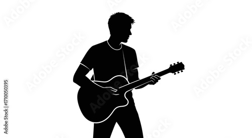 Black silhouette of a musician, a young man standing and playing an acoustic guitar against a white background.