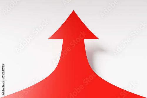 A large red arrow curves up from the viewer to the white background. Illustration of the concept of growth, increase and rise