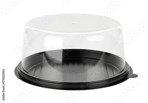 Clear plastic cake container with black base isolated on transparent background