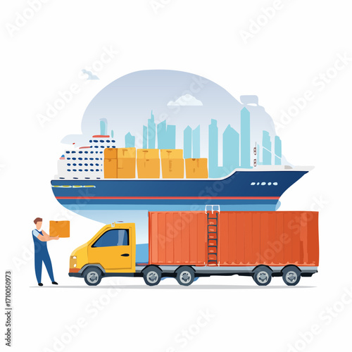 Supply chain with cargo ship, goods truck. Warehouse worker unloading parcel box in transportation van. Global logistic, delivery, cargo transport concept. 