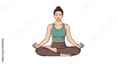 A woman is sitting in the lotus position, meditating, she is wearing a tank top and leggings and has her hair in a bun