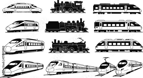 Black And White Train Illustrations, Steam Locomotive, High-Speed Rail, Passenger Train, Vintage Engine, Modern Transport, Railway Art, Transportation Icons