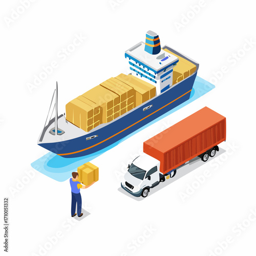 Supply chain with cargo ship, goods truck. Warehouse worker unloading parcel box in transportation van. Global logistic, delivery, cargo transport concept. 