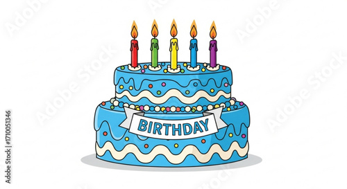 Colorful birthday cake with candles, a sweet treat for celebrating a special day with friends and family