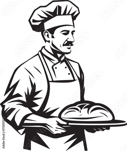 Baker with Bread Vector Illustration, Sketch Drawing Line Linear Symbol Icon Engraving Coloring Book, Hand-drawn Doodle Black and White Isolated