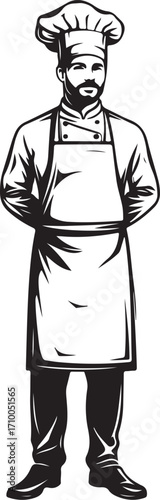 Chef Standing Whole Body Vector Illustration, Sketch Drawing Line Linear Symbol Icon Engraving Coloring Book, Hand-drawn Doodle Black and White Isolated