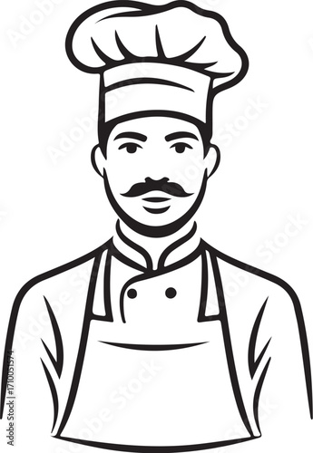 Chef or Baker Portrait Vector Illustration, Sketch Drawing Line Linear Symbol Icon Engraving Coloring Book, Hand-drawn Doodle Black and White Isolated
