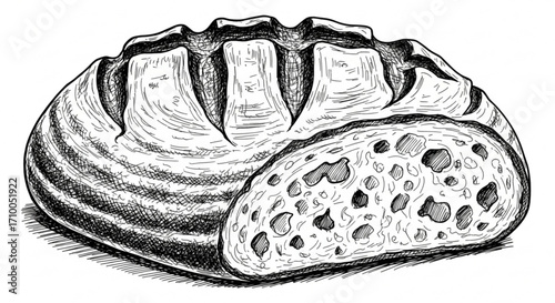 Detailed ink drawing of a loaf of sourdough bread, showcasing its crusty exterior and soft interior
