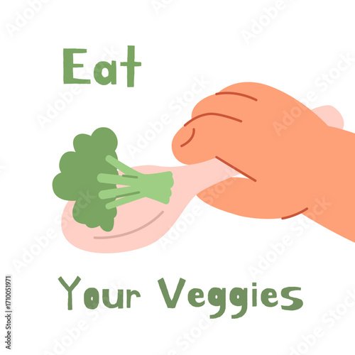 Kids hand holding food like broccoli. Human arm and Gesture. Modern vector isolated illustration, hand drawn, flat design