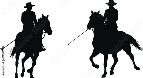 Silhouette of two cowboys on horseback wielding rifles western style