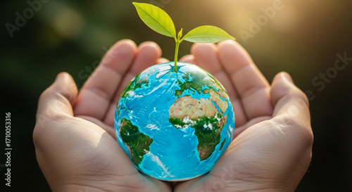 Hands holding a globe with a small plant growing on top, symbolizing environmental protection, sustainability, and the future of our planet