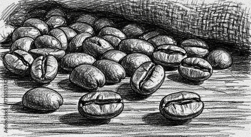 Detailed charcoal drawing of coffee beans spilling out of a burlap sack, showcasing the texture and form of the beans on a wooden surface