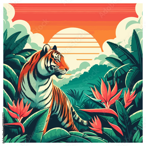 Bengal Tiger at Sunrise – Lush Tropical Landscape