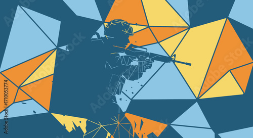 Silhouette of a soldier aiming a rifle, geometric background.