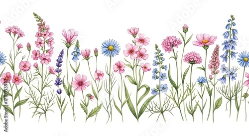 Delicate watercolor painting of a vibrant wildflower meadow with pink purple and blue blossoms