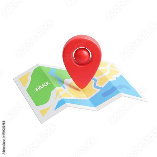 Free Download 3D vector folded map with bright red pin, colorful minimal style, perfect for travel, navigation, and digital design in high resolution. - GFXLoad