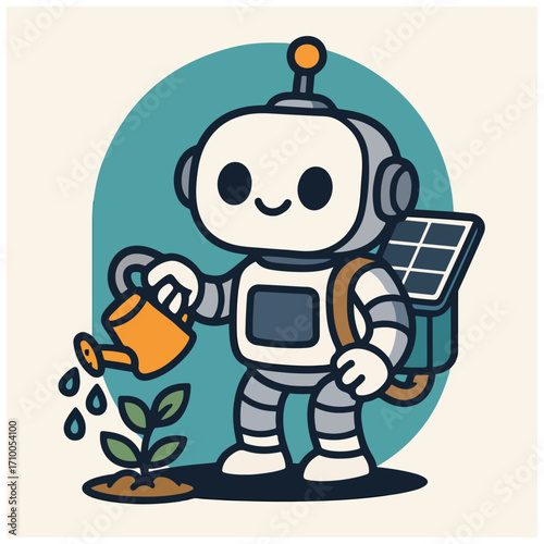 Friendly Robot Watering a Plant (Green Tech)