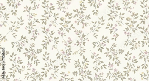 Delicate seamless floral pattern with small pink and grey flowers and green leaves on a cream background