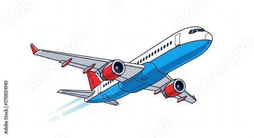 Illustration of a commercial airplane taking off into the sky