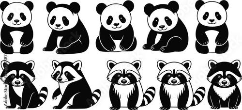 Cartoon panda and raccoon illustrations, animal expressions, black and white clipart, cute wildlife characters, posture variations, bundle set, icon pack