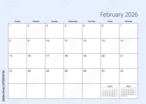 Wall calendar planner for February 2026. English language, week starts from Sunday.