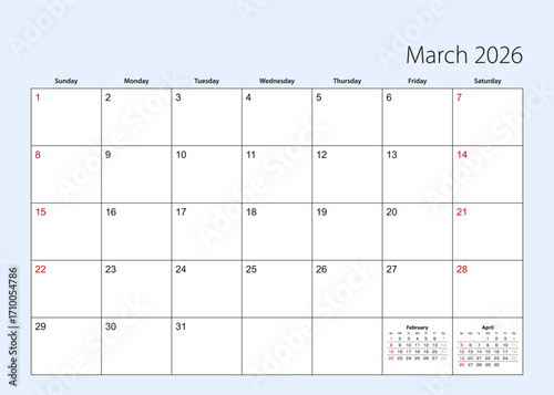 Wall calendar planner for March 2026. English language, week starts from Sunday.