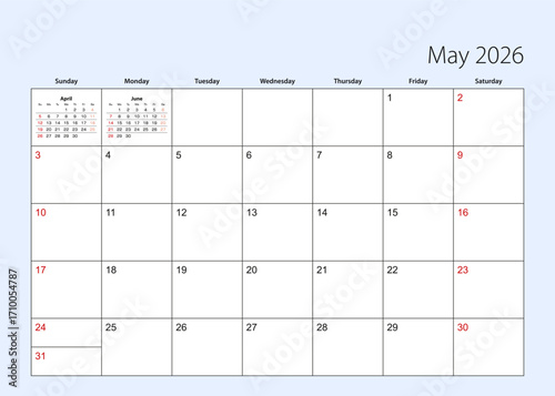 Wall calendar planner for May 2026. English language, week starts from Sunday.