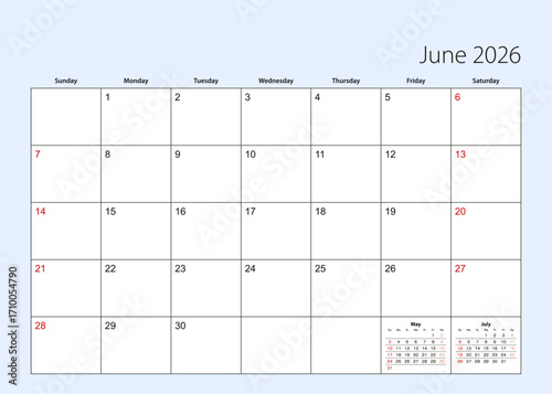 Wall calendar planner for June 2026. English language, week starts from Sunday.