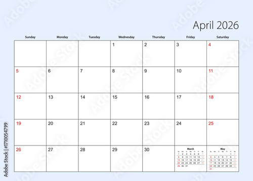 Wall calendar planner for April 2026. English language, week starts from Sunday.
