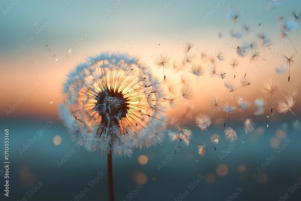 Naklejka premium Dandelion seeds blow in the sunset.