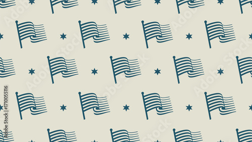 A patriotic pattern featuring waving american flags and stars on a light background repeating design