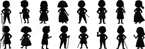 Character silhouette illustrations, diverse human icons, black and white clipart, lifestyle poses, role bundle set, vector pack