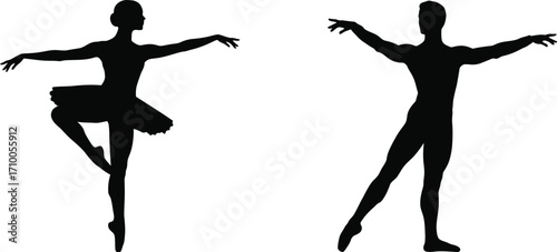 Silhouette of a ballerina and dancer in expressive poses art design