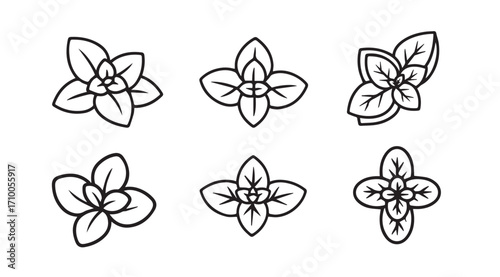 Collection of six stylized floral motifs in a simple outline silhouette