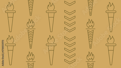 A seamless pattern of torches with flames and chevron shapes on a light brown colored background design art