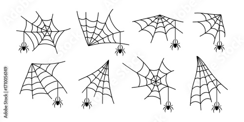 Halloween line silhouettes black line spiderweb or cobweb - for design decor. Set spider web with spiders, isolated on white background. Vector illustration, traditional Halloween decorative elements.