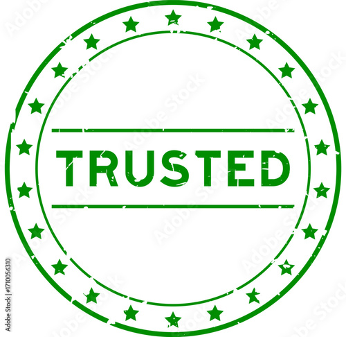 Grunge green trusted word round rubber seal stamp on white background