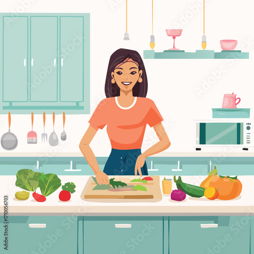 Woman preparing food in a kitchen with vegetables on the counter.