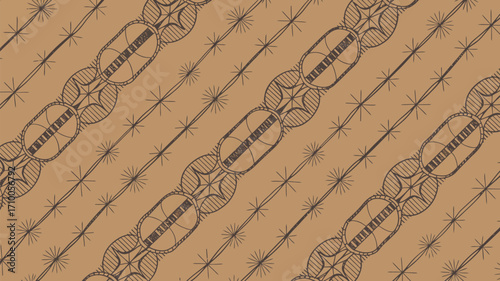 A repeating pattern of stylized stars and oval shapes on a tan background forming diagonal lines