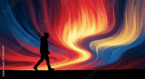 Silhouette of a person walking against a vibrant, swirling background of red, blue, and yellow colors.