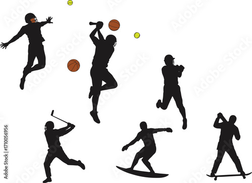 Silhouette illustration of athletes, sports action poses, basketball, football, baseball, hockey, surfing, golf, tennis, dynamic movement, energy